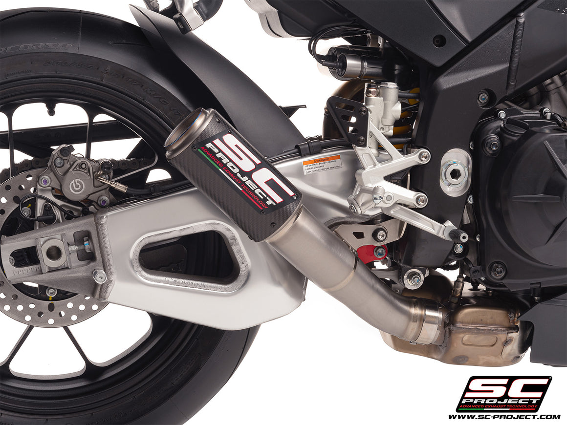 Aprilia RSV4 2025 with SC-Project CR-T carbon exhaust, with stoneguard grid, 3/4 rear view