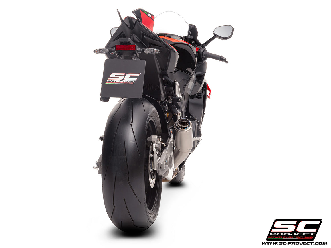Aprilia RSV4 2025 with SC-Project CR-T titanium exhaust, with stoneguard grid, 3/4 rear view