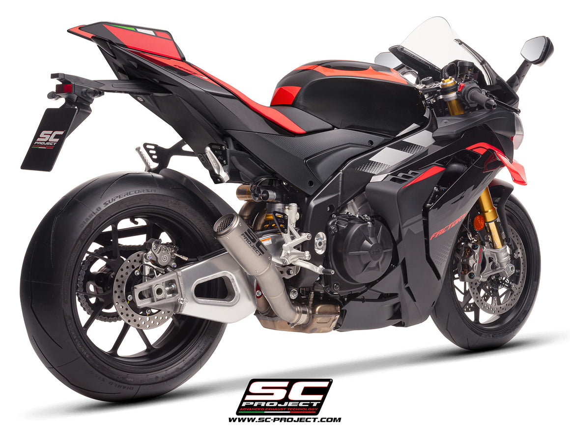 Aprilia RSV4 2025 with SC-Project CR-T titanium exhaust, with stoneguard grid, 3/4 rear view