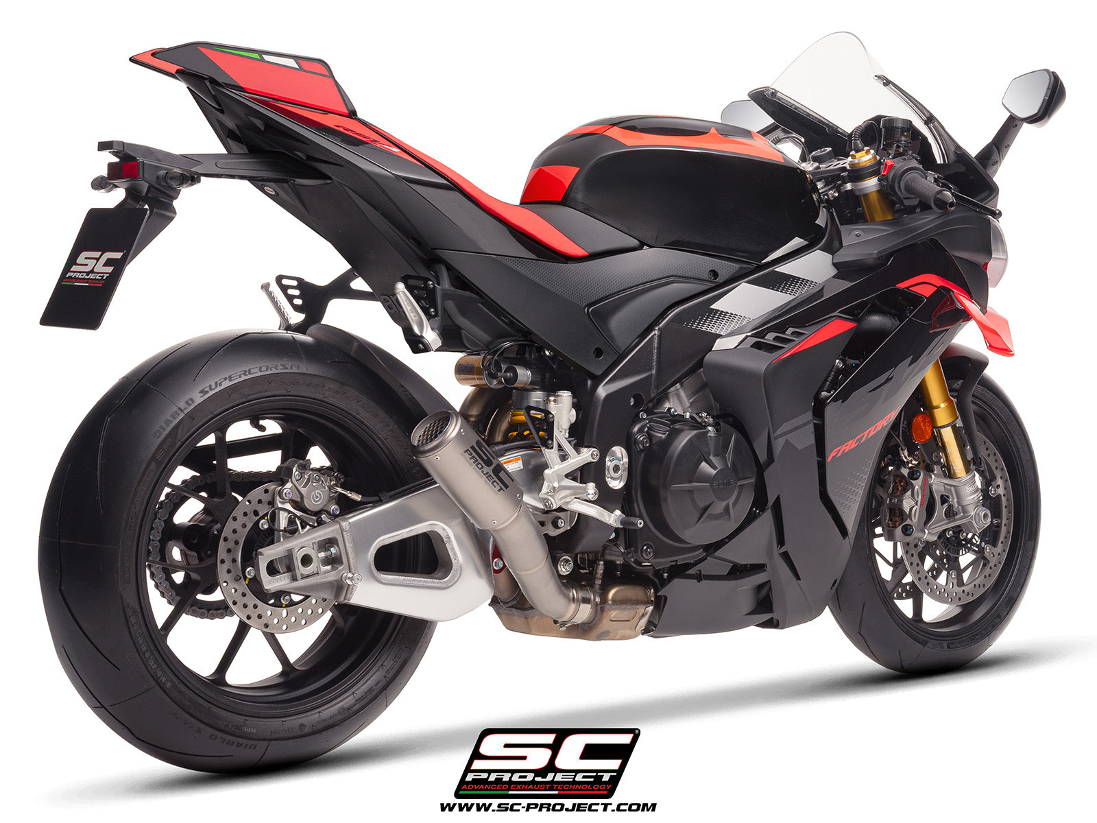 Aprilia RSV4 2025 with SC-Project CR-T titanium exhaust, with stoneguard grid, 3/4 rear view