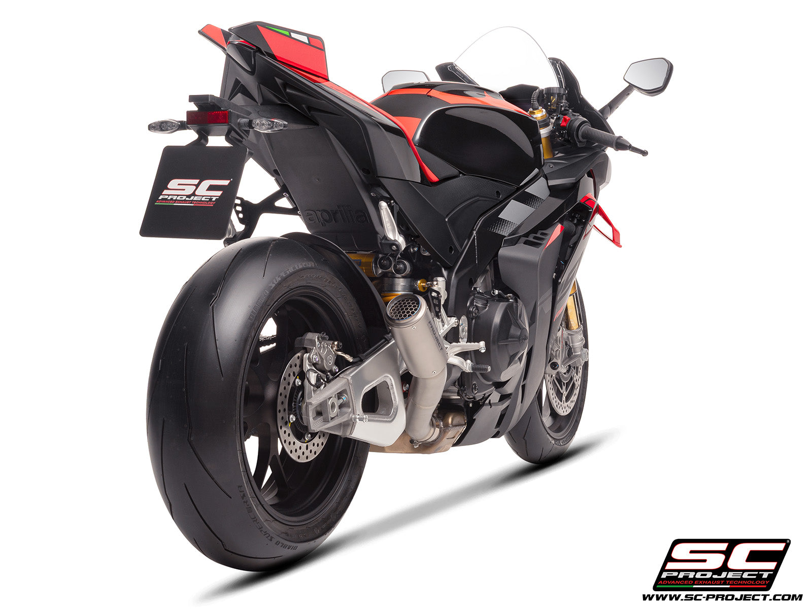 Aprilia RSV4 2025 with SC-Project CR-T titanium exhaust, with stoneguard grid, 3/4 rear view