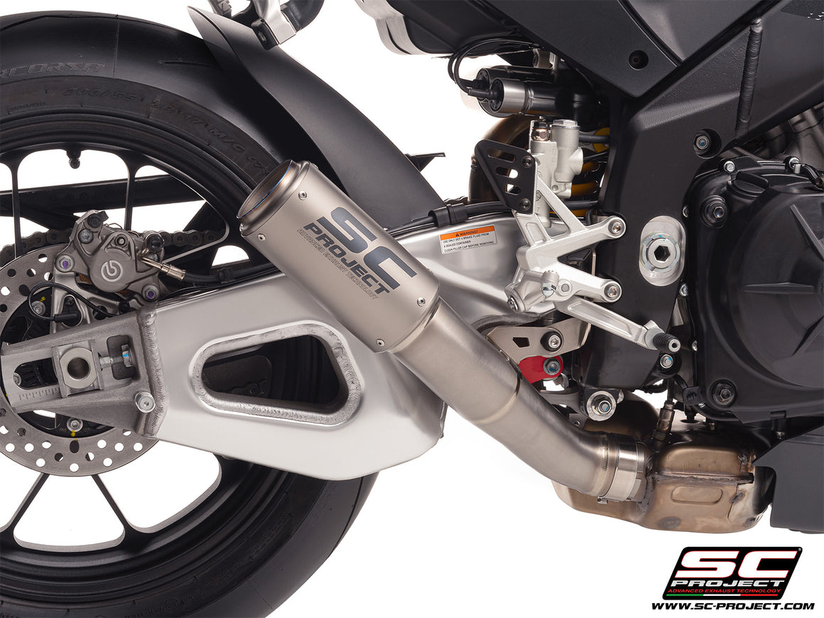Aprilia RSV4 2025 with SC-Project CR-T titanium exhaust, with stoneguard grid, 3/4 rear view