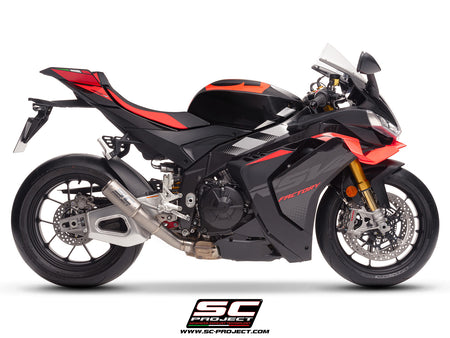 Aprilia RSV4 2025 with SC-Project CR-T titanium exhaust, with stoneguard grid, 3/4 rear view