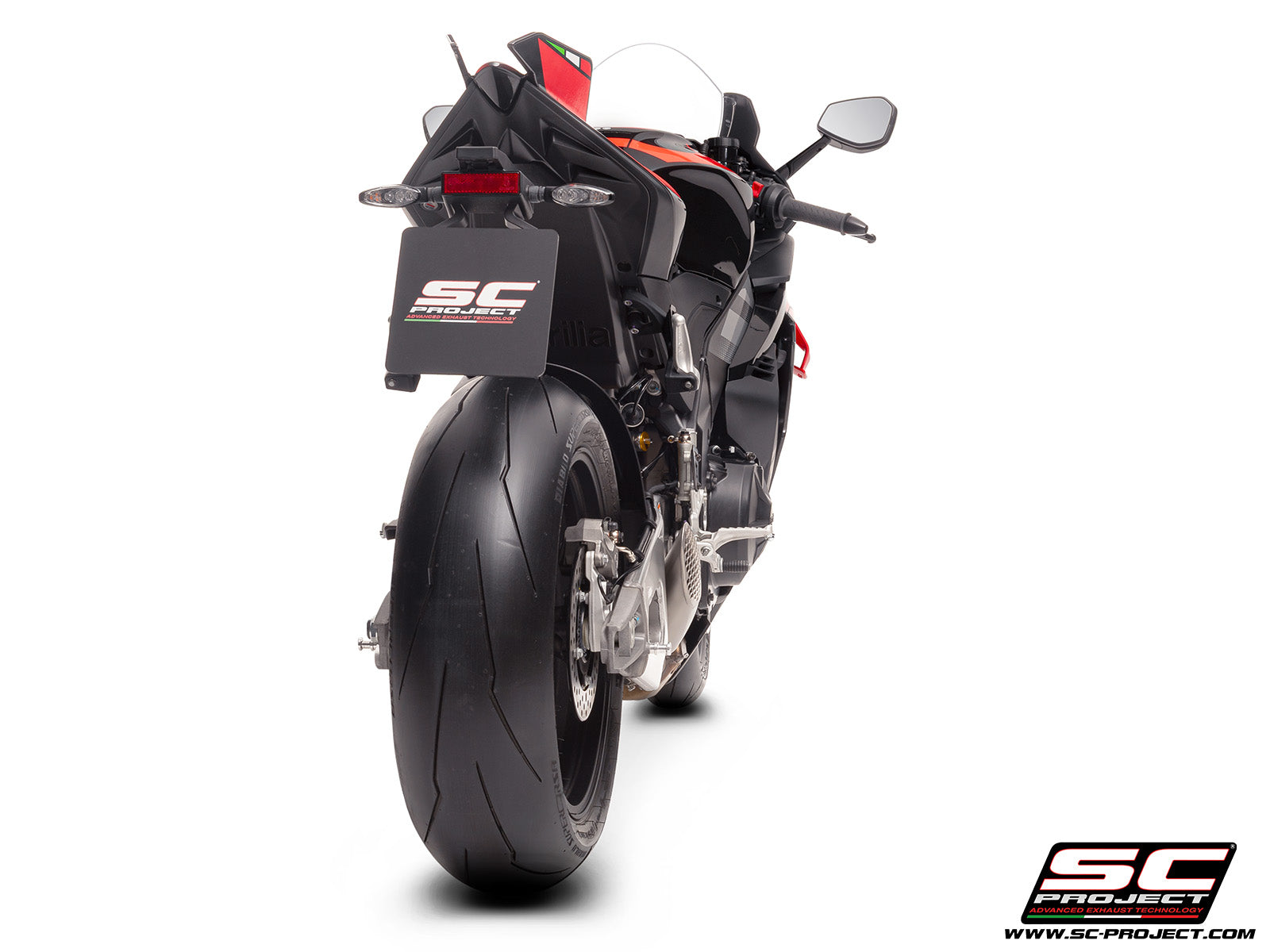 Aprilia RSV4 2025 with SC-Project GP22-R titanium exhaust, 3/4 rear view