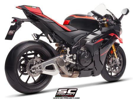 Aprilia RSV4 2025 with SC-Project GP22-R titanium exhaust, 3/4 rear view
