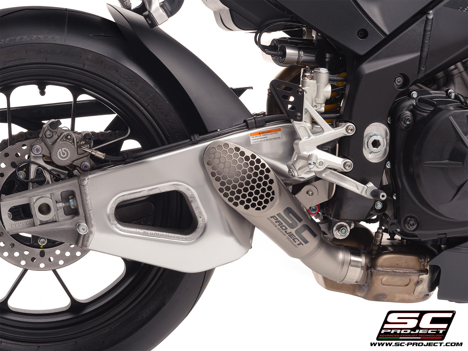 Aprilia RSV4 2025 with SC-Project GP22-R titanium exhaust, 3/4 rear view