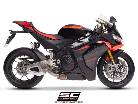 Aprilia RSV4 2025 with SC-Project GP22-R titanium exhaust, 3/4 rear view