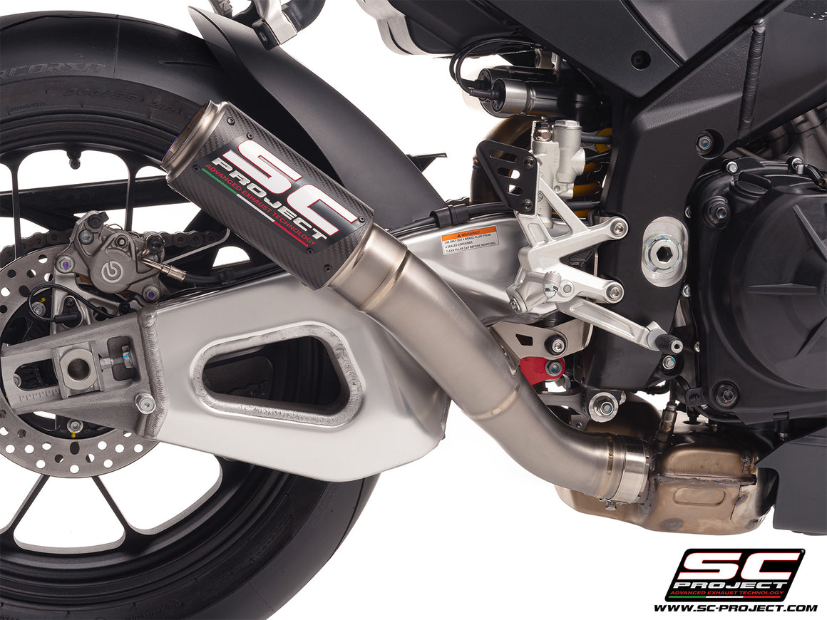 Aprilia RSV4 with SC-Project CR-T  carbon fibre exhaust, 3/4 rear view