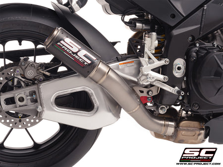 Aprilia RSV4 with SC-Project CR-T  carbon fibre exhaust, 3/4 rear view