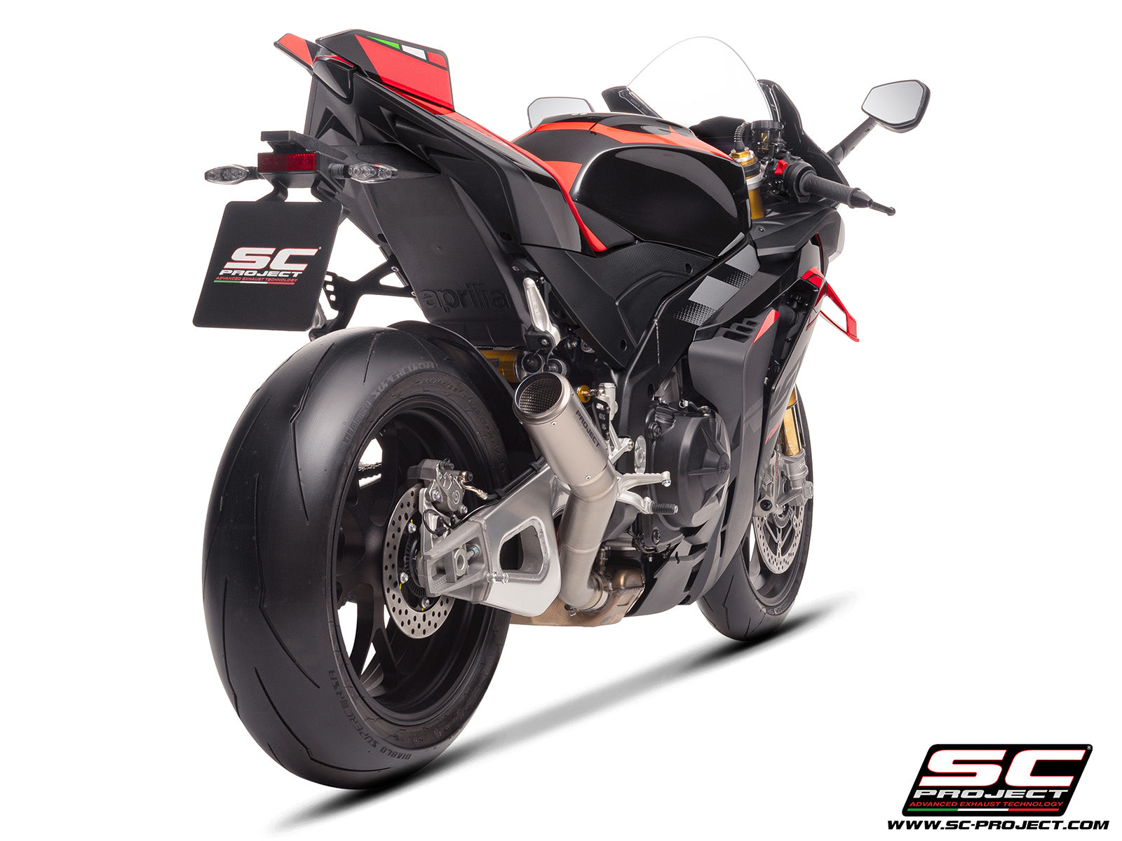 Aprilia RSV4 with SC-Project CR-T  titanium exhaust, 3/4 rear view