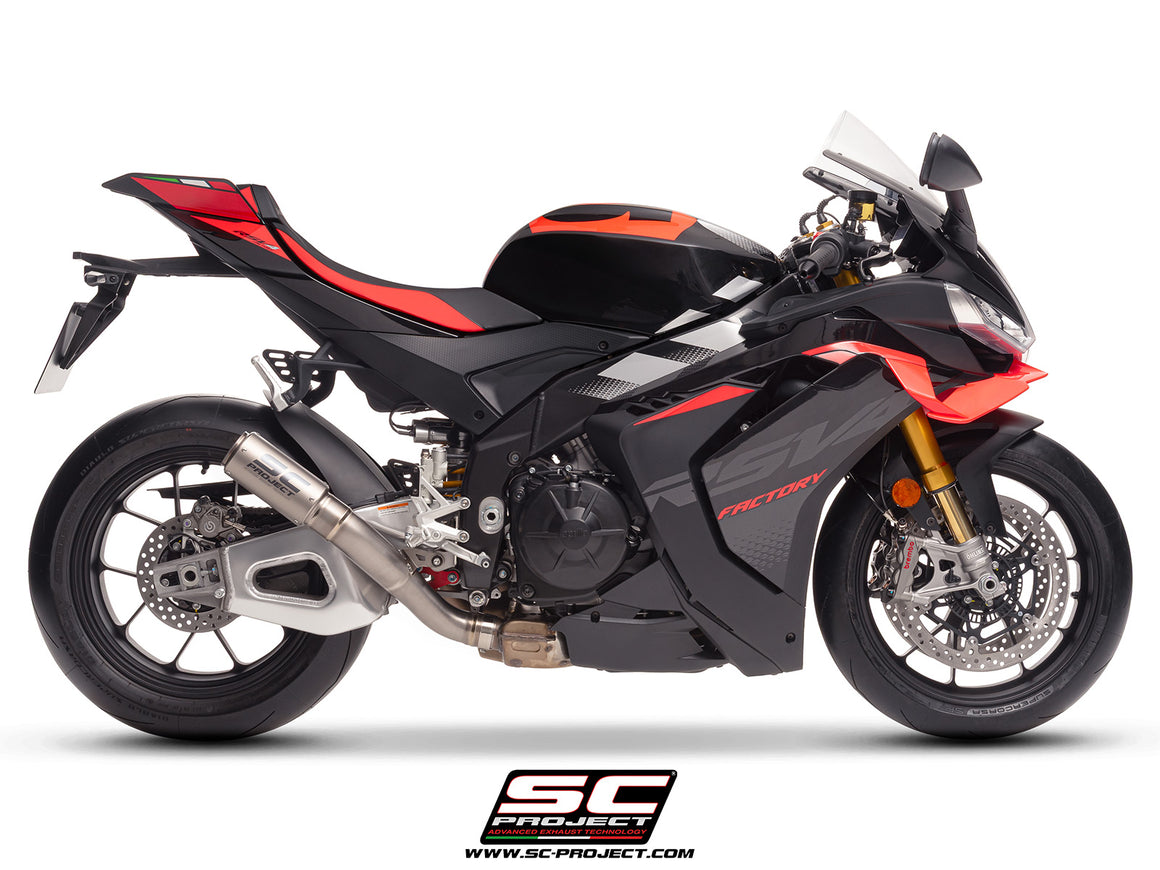 Aprilia RSV4 with SC-Project CR-T  titanium exhaust, 3/4 rear view
