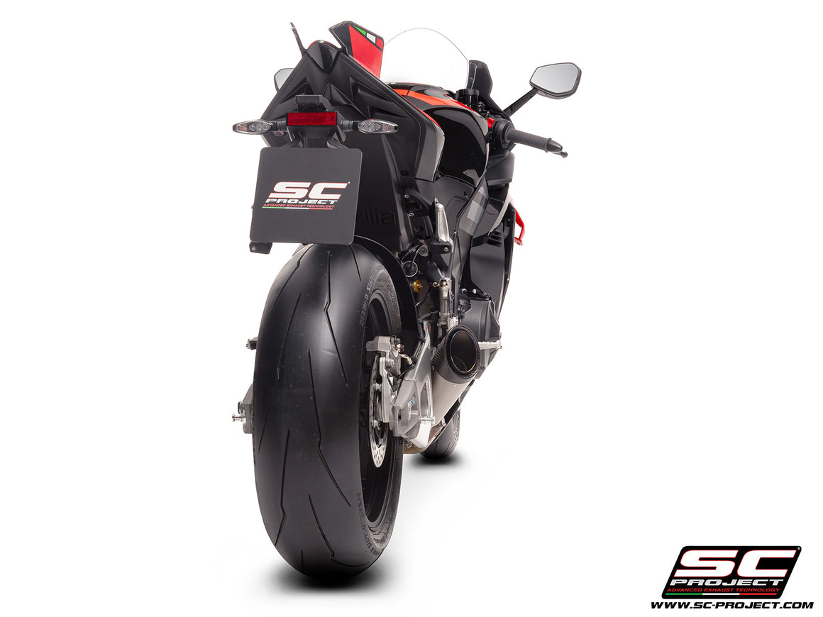 Aprilia RSV4 with SC-Project S1 titanium exhaust, 3/4 rear view