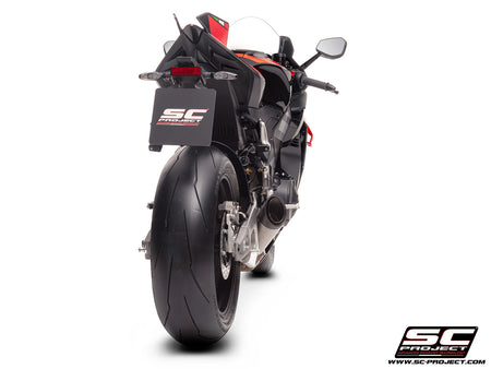 Aprilia RSV4 with SC-Project S1 titanium exhaust, 3/4 rear view