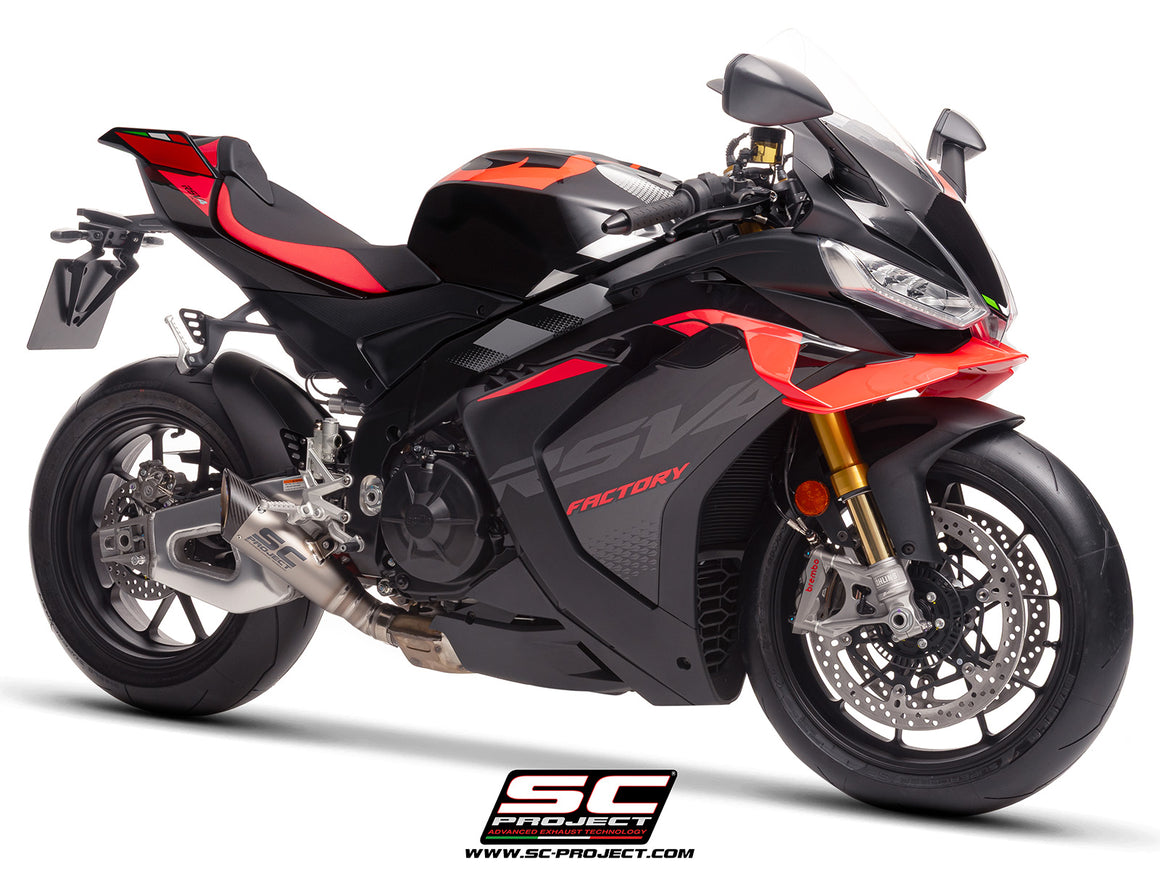 Aprilia RSV4 with SC-Project S1 titanium exhaust, 3/4 rear view