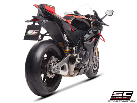 Aprilia RSV4 with SC-Project S1 titanium exhaust, 3/4 rear view