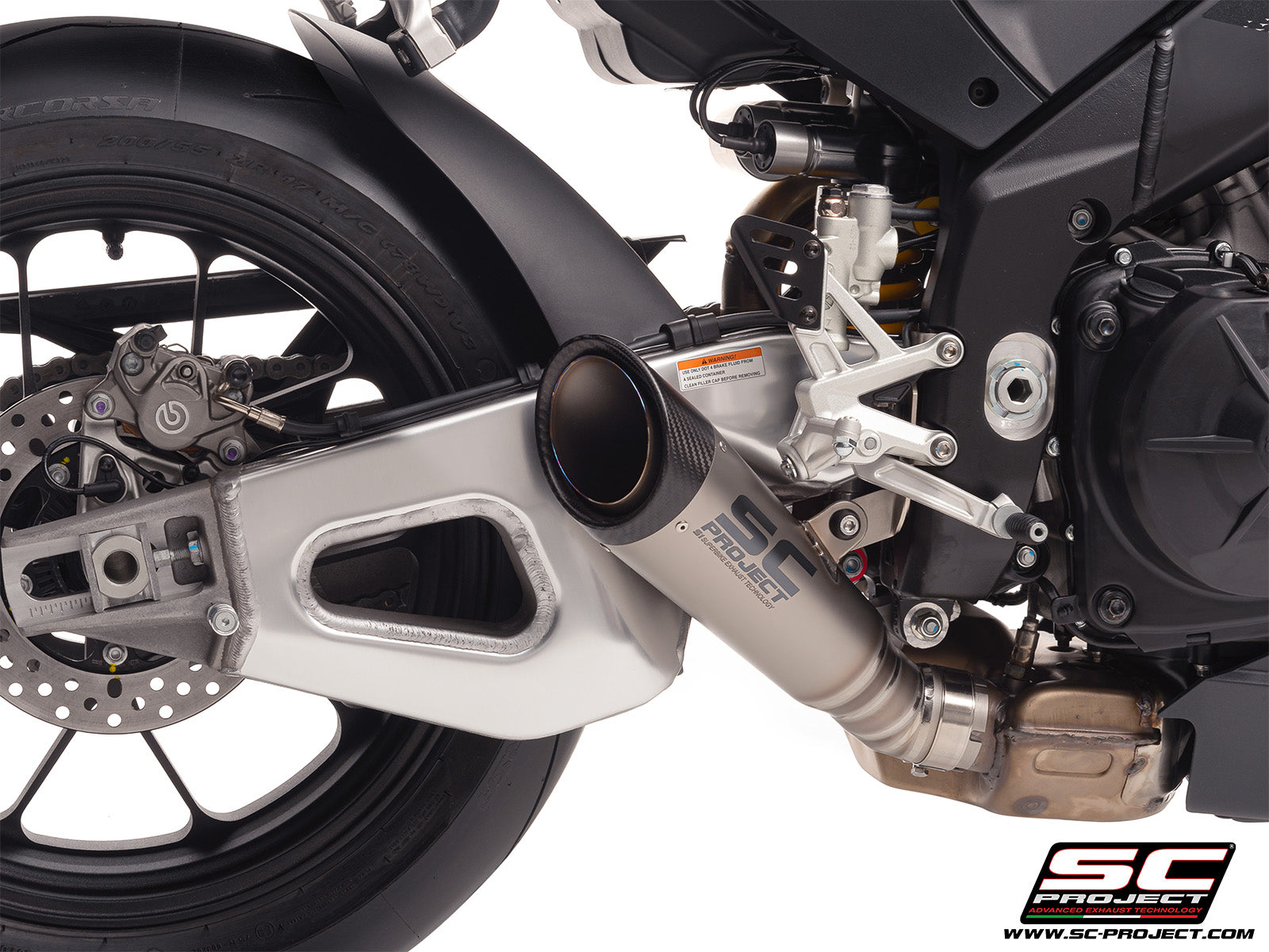 Aprilia RSV4 with SC-Project S1 titanium exhaust, 3/4 rear view