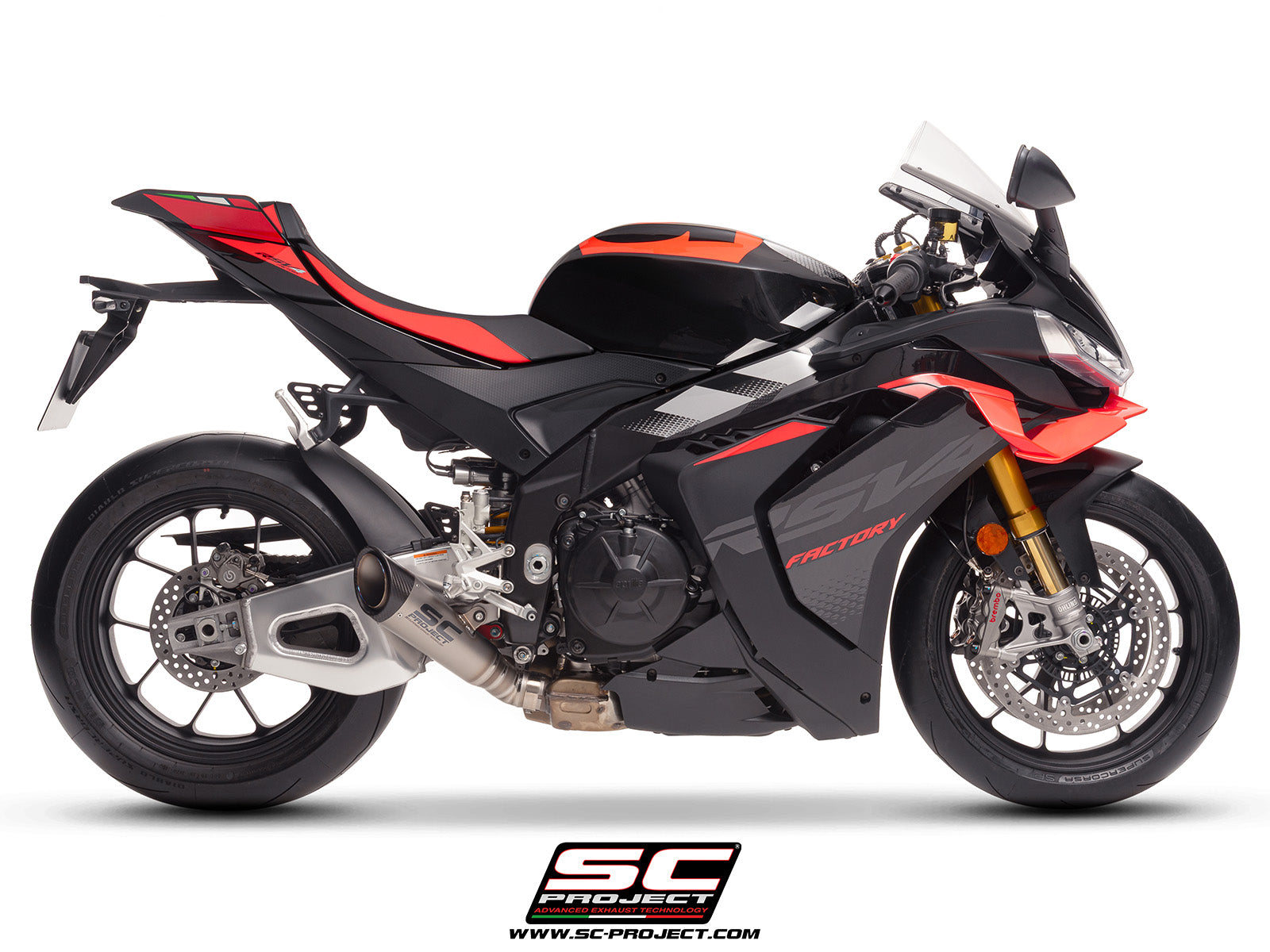 Aprilia RSV4 with SC-Project S1 titanium exhaust, 3/4 rear view