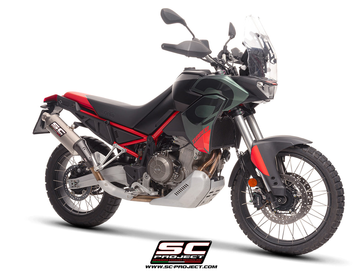 Aprilia Tuareg 660 2025 with SC-Project Rally Raid titanium exhaust, 3/4 rear view