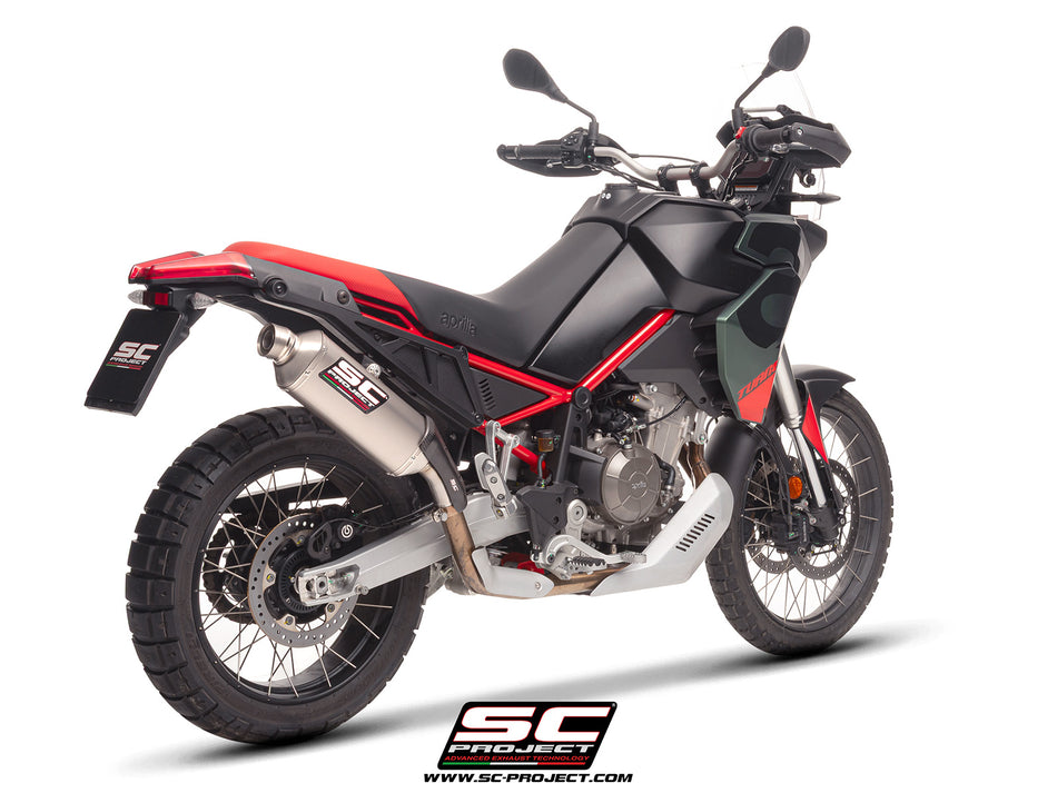 Aprilia Tuareg 660 2025 with SC-Project Rally Raid titanium exhaust, 3/4 rear view