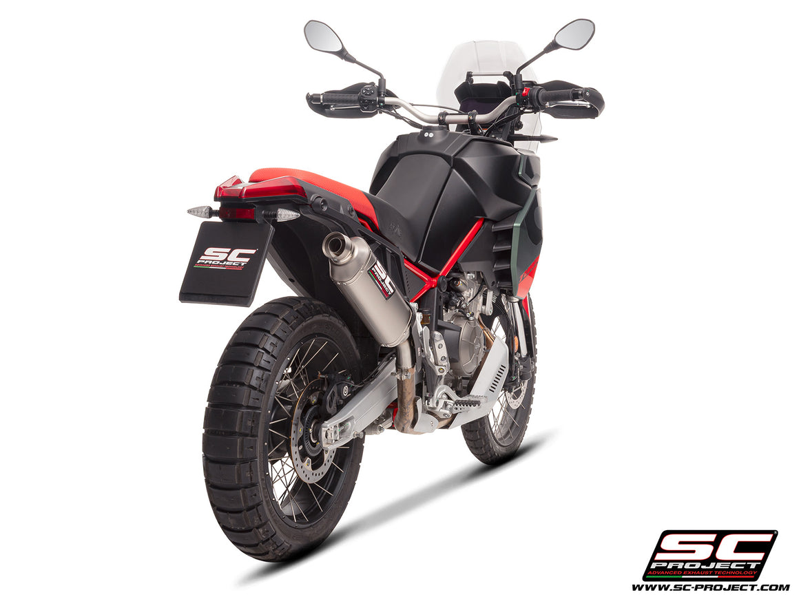 Aprilia Tuareg 660 2025 with SC-Project Rally Raid titanium exhaust, 3/4 rear view
