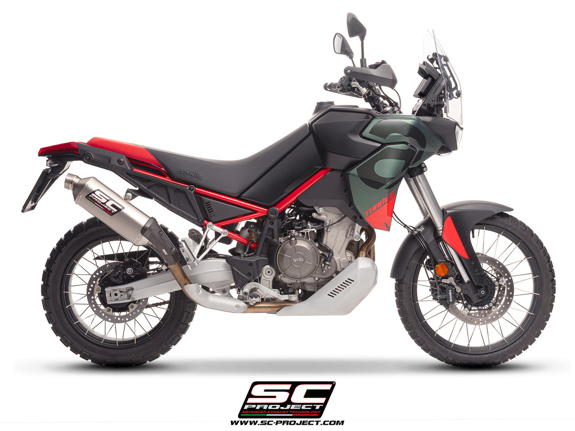 Aprilia Tuareg 660 2025 with SC-Project Rally Raid titanium exhaust, 3/4 rear view