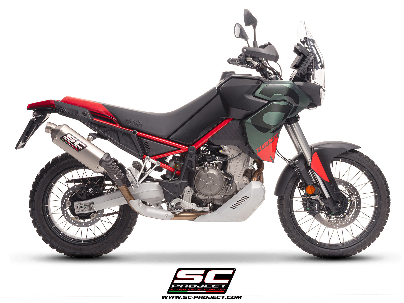 Aprilia Tuareg 660 2025 with SC-Project Rally Raid titanium exhaust, 3/4 rear view