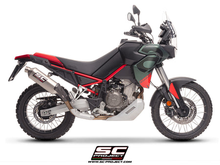 Aprilia Tuareg 660 2025 with SC-Project Rally Raid titanium exhaust, 3/4 rear view