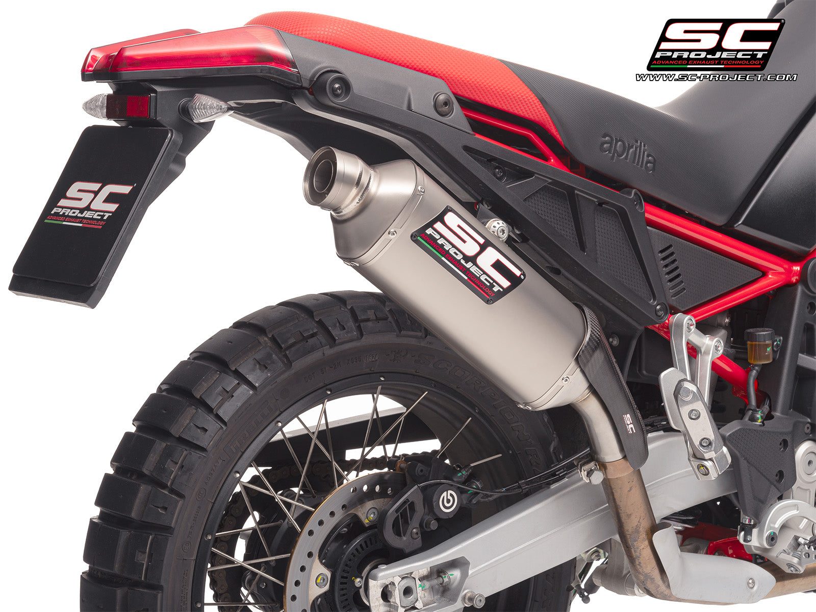 Aprilia Tuareg 660 2025 with SC-Project Rally Raid titanium exhaust, 3/4 rear view