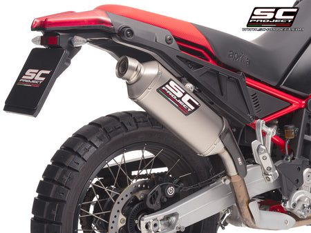 Aprilia Tuareg 660 2025 with SC-Project Rally Raid titanium exhaust, 3/4 rear view