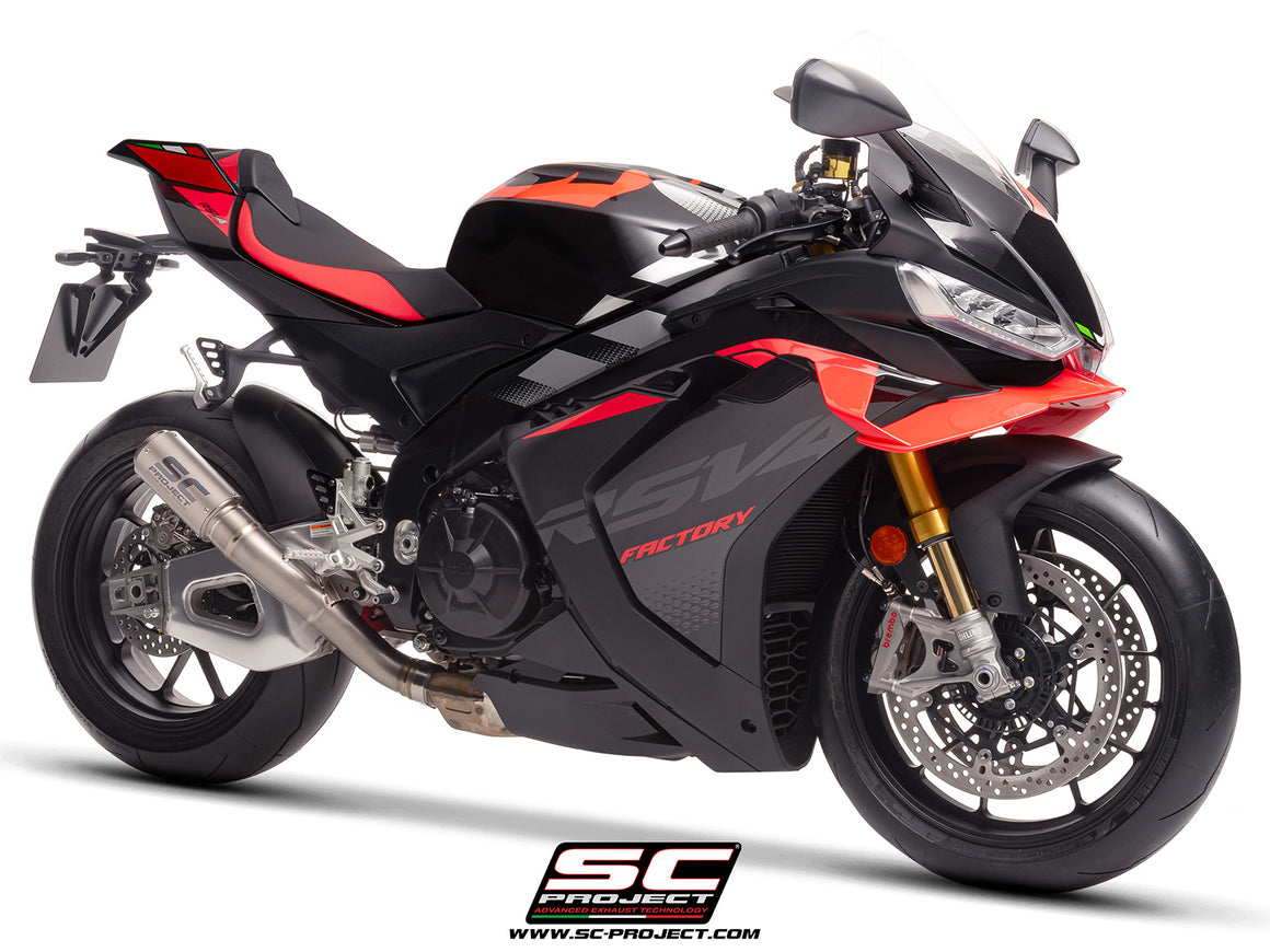 Aprilia RSV4 with SC-Project CR-T  titanium exhaust, 3/4 rear view