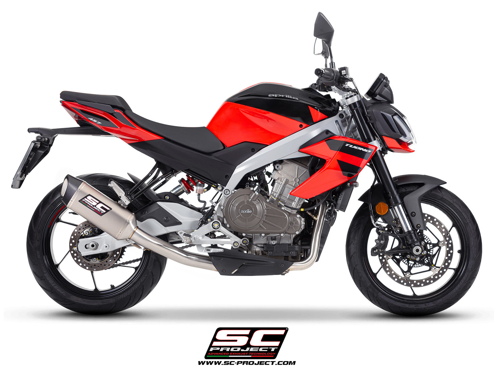 Aprilia Tuono 457 with SC-Project full exhaust system stainless steel, with SC1-S titanium exhaust, 3/4 rear view