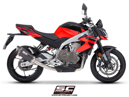 Aprilia Tuono 457 with SC-Project full exhaust system stainless steel, with SC1-S carbon fibre exhaust, 3/4 rear view