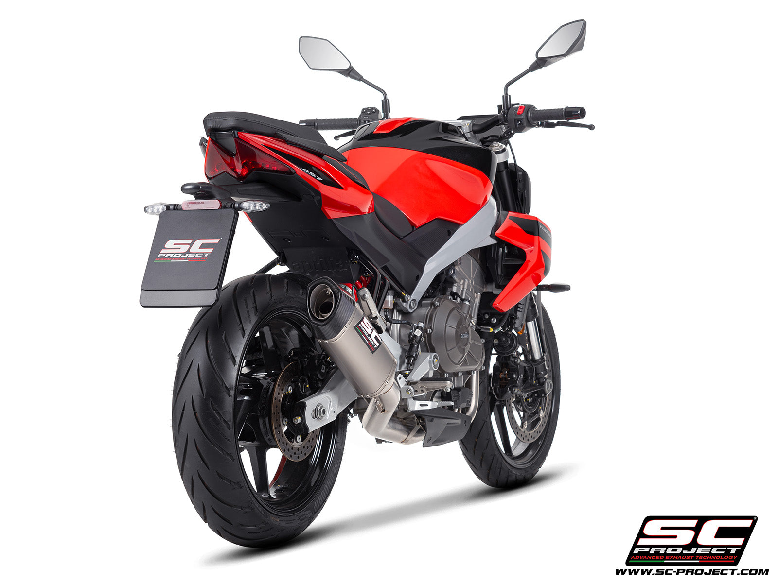 Aprilia Tuono 457 with SC-Project full exhaust system stainless steel, with SC1-S titanium exhaust, 3/4 rear view