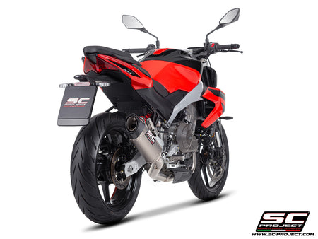 Aprilia Tuono 457 with SC-Project full exhaust system stainless steel, with SC1-S titanium exhaust, 3/4 rear view