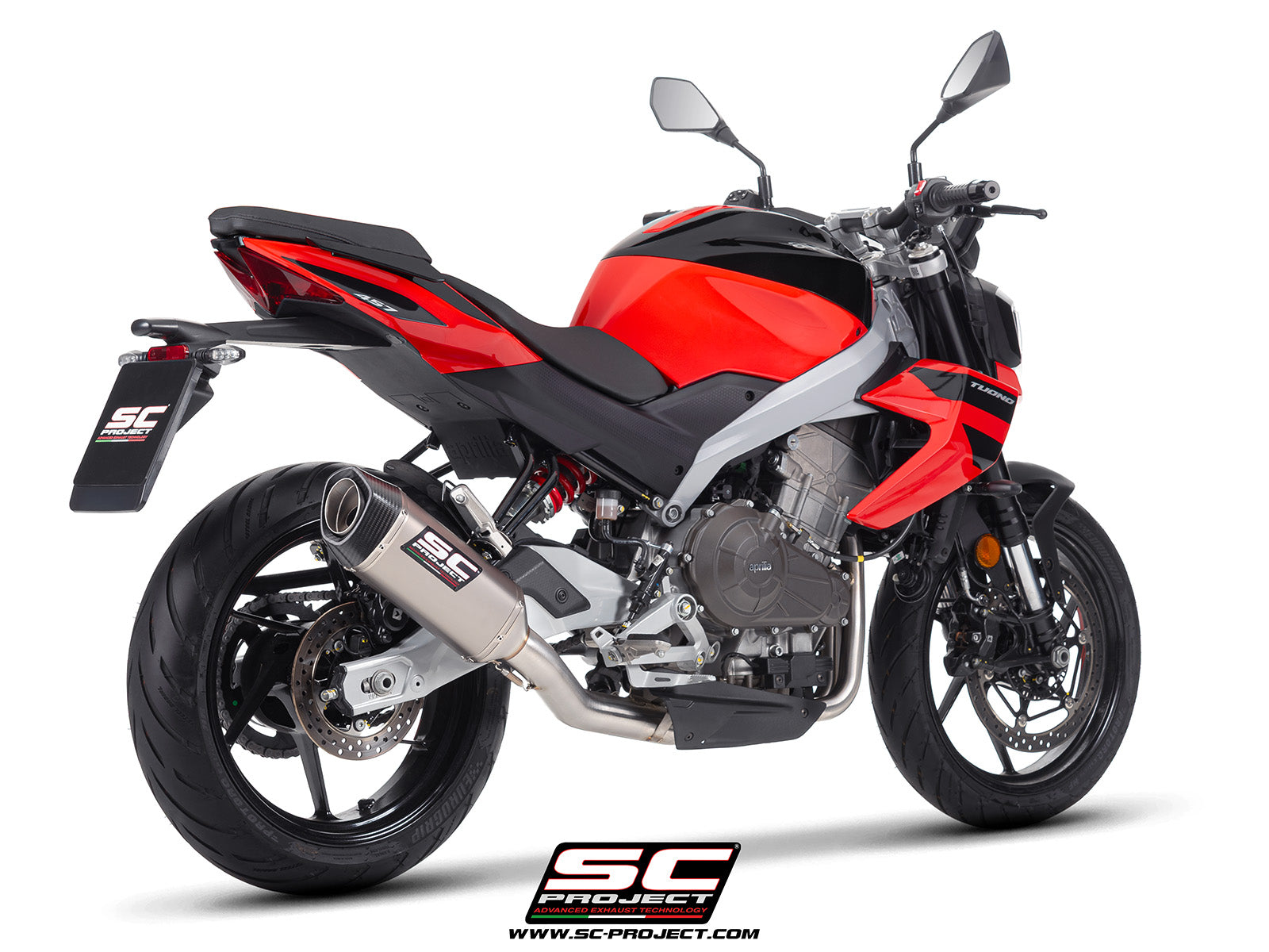 Aprilia Tuono 457 with SC-Project full exhaust system stainless steel, with SC1-S titanium exhaust, 3/4 rear view