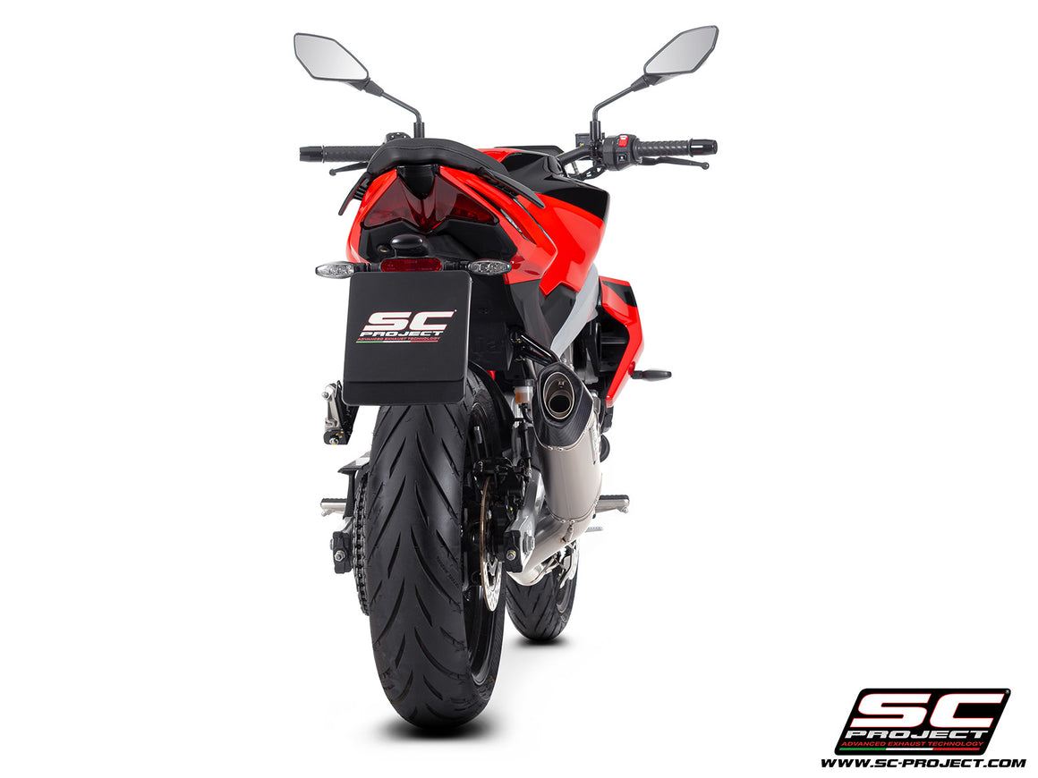 Aprilia Tuono 457 with SC-Project full exhaust system stainless steel, with SC1-S titanium exhaust, 3/4 rear view
