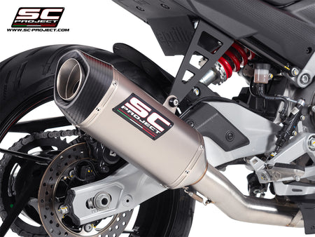 Aprilia Tuono 457 with SC-Project full exhaust system stainless steel, with SC1-S titanium exhaust, 3/4 rear view