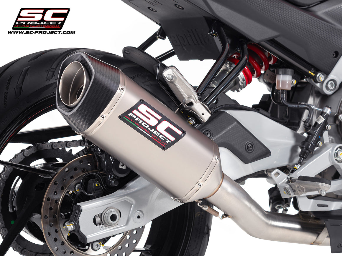 Aprilia Tuono 457 with SC-Project full exhaust system stainless steel, with SC1-S titanium exhaust, 3/4 rear view
