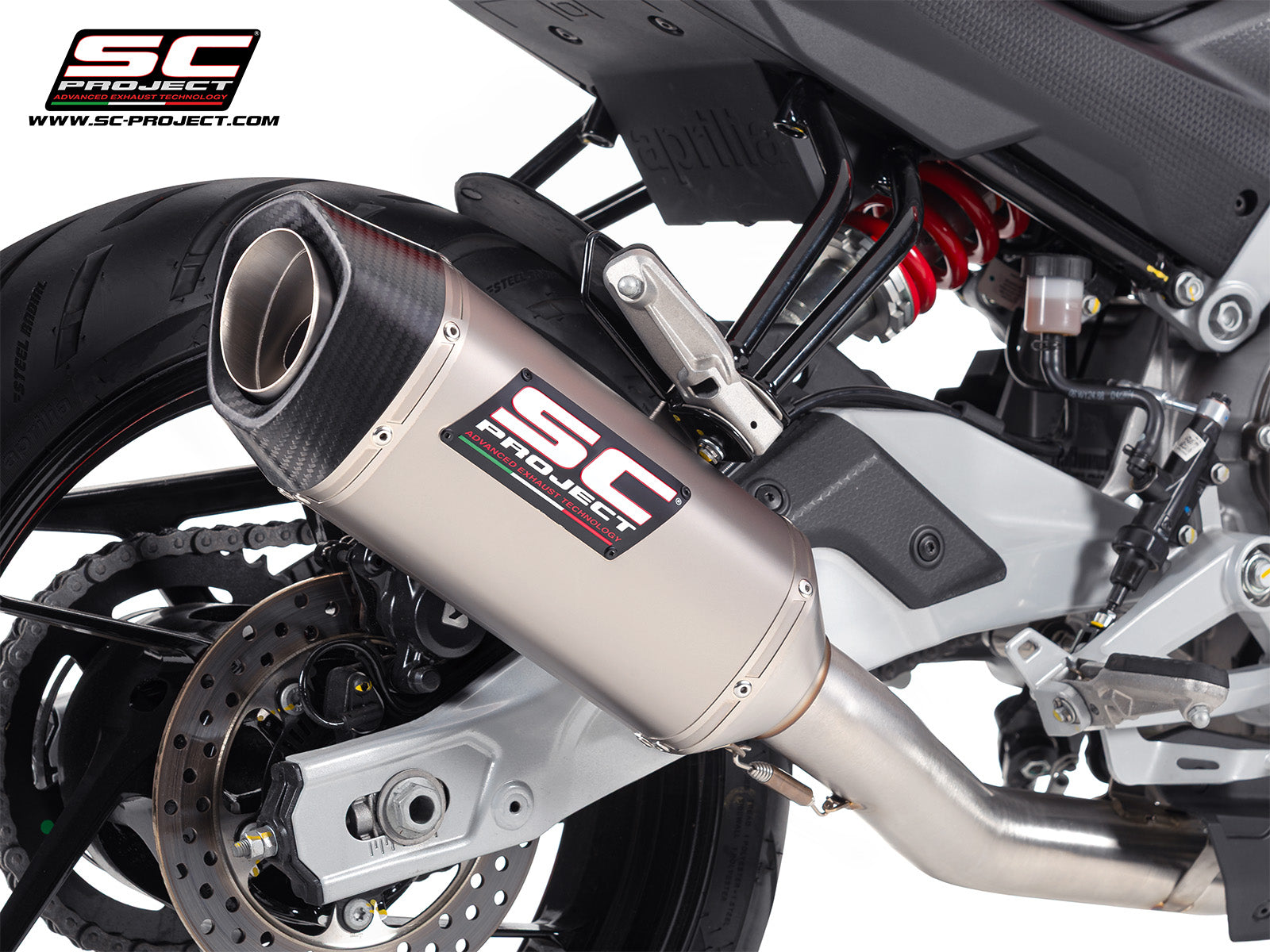 Aprilia Tuono 457 with SC-Project full exhaust system stainless steel, with SC1-S titanium exhaust, 3/4 rear view