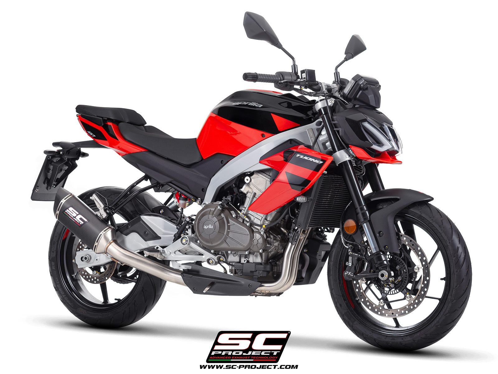 Aprilia Tuono 457 with SC-Project full exhaust system stainless steel, with SC1-S carbon fibre exhaust, 3/4 rear view