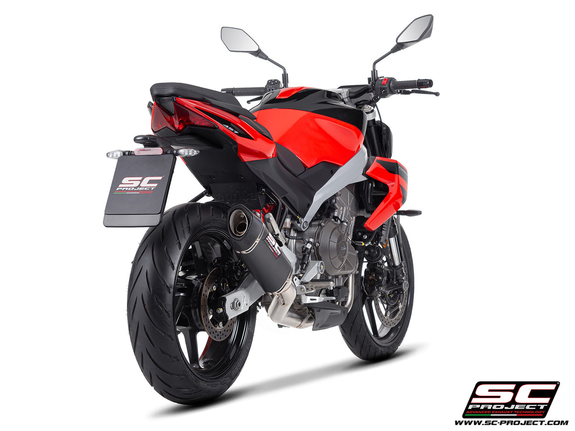 Aprilia Tuono 457 with SC-Project full exhaust system stainless steel, with SC1-S carbon fibre exhaust, 3/4 rear view