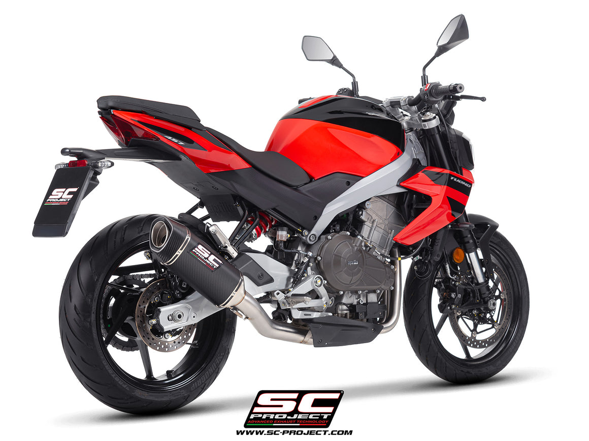 Aprilia Tuono 457 with SC-Project full exhaust system stainless steel, with SC1-S carbon fibre exhaust, 3/4 rear view