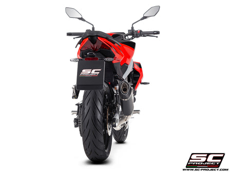 Aprilia Tuono 457 with SC-Project full exhaust system stainless steel, with SC1-S carbon fibre exhaust, 3/4 rear view