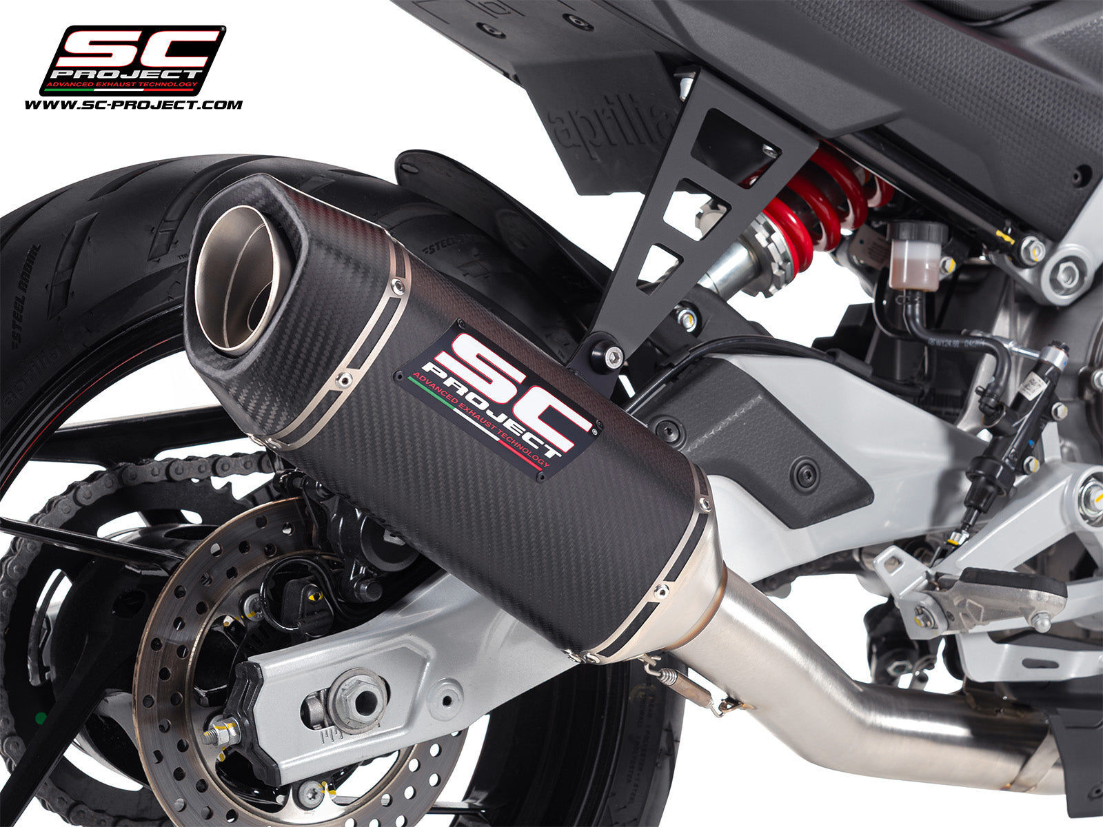 Aprilia Tuono 457 with SC-Project full exhaust system stainless steel, with SC1-S carbon fibre exhaust, 3/4 rear view