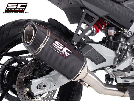 Aprilia Tuono 457 with SC-Project full exhaust system stainless steel, with SC1-S carbon fibre exhaust, 3/4 rear view