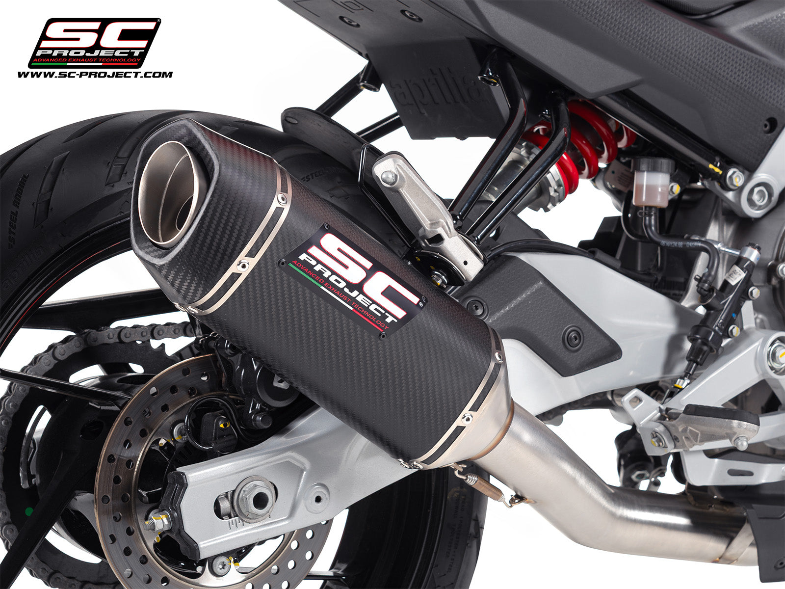Aprilia Tuono 457 with SC-Project full exhaust system stainless steel, with SC1-S carbon fibre exhaust, 3/4 rear view