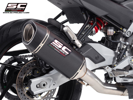Aprilia Tuono 457 with SC-Project full exhaust system stainless steel, with SC1-S carbon fibre exhaust, 3/4 rear view