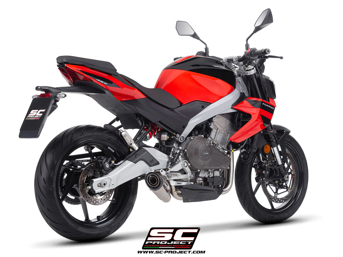 Aprilia Tuono 457 with SC-Project full exhaust system stainless steel, with S1 stainless steel exhaust, 3/4 rear view