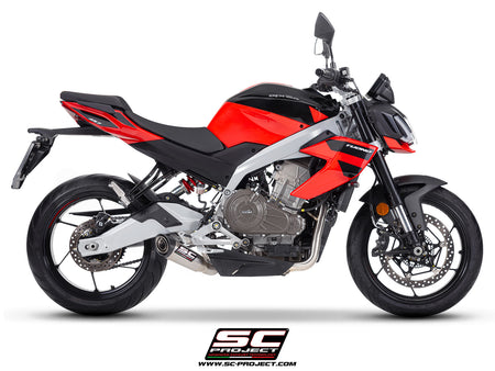 Aprilia Tuono 457 with SC-Project full exhaust system stainless steel, with S1 stainless steel exhaust, 3/4 rear view