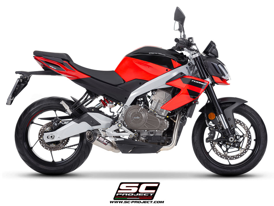 Aprilia Tuono 457 with SC-Project full exhaust system stainless steel, with S1 stainless steel exhaust, 3/4 rear view